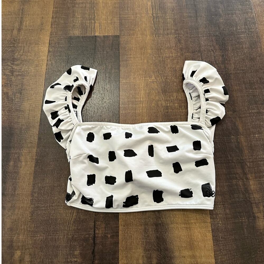 Albion Fit Black White Ruffle Strap Bikini Top Polka Dot Swim Top Size Small - Picture 9 of 9